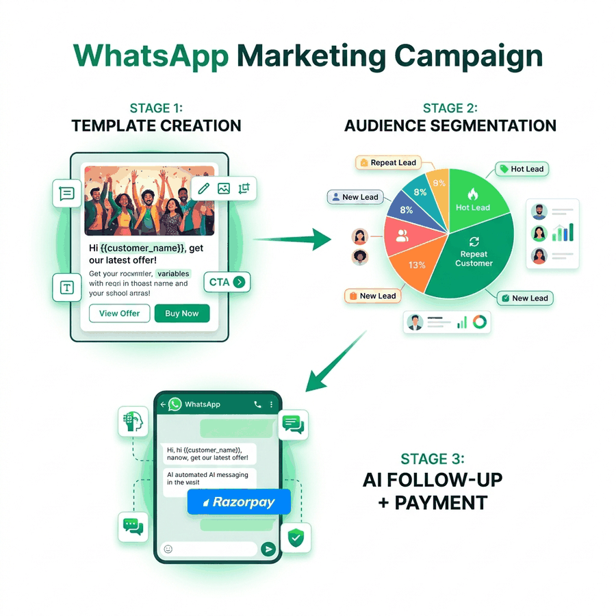 The three stages of a WhatsApp marketing campaign — Template, Segmentation, and AI Follow-up with Payment